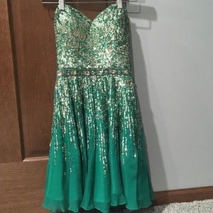Sherri Hill strapless, short dress in emerald green with gold sequins. Size 4.